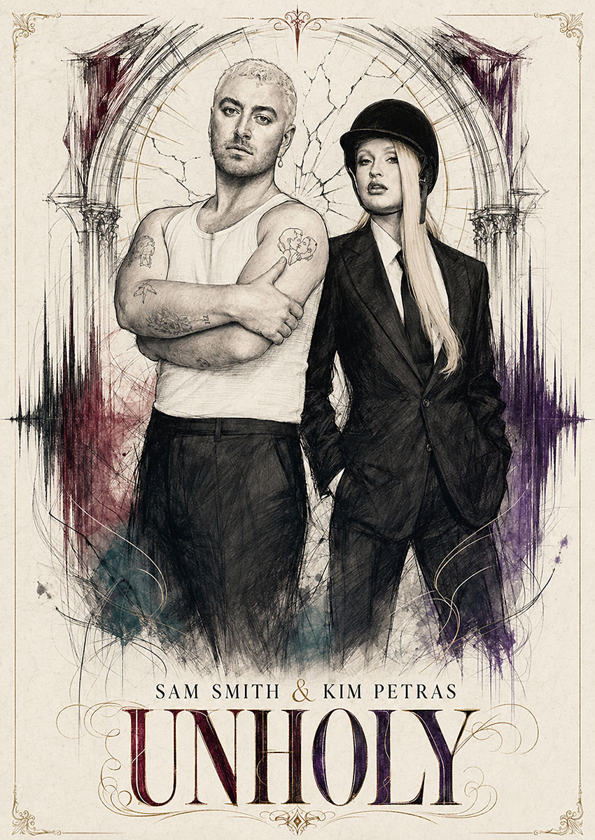 Detailed sketch portrait of Sam Smith and Kim Petras for the track Unholy with a gothic decorative frame background